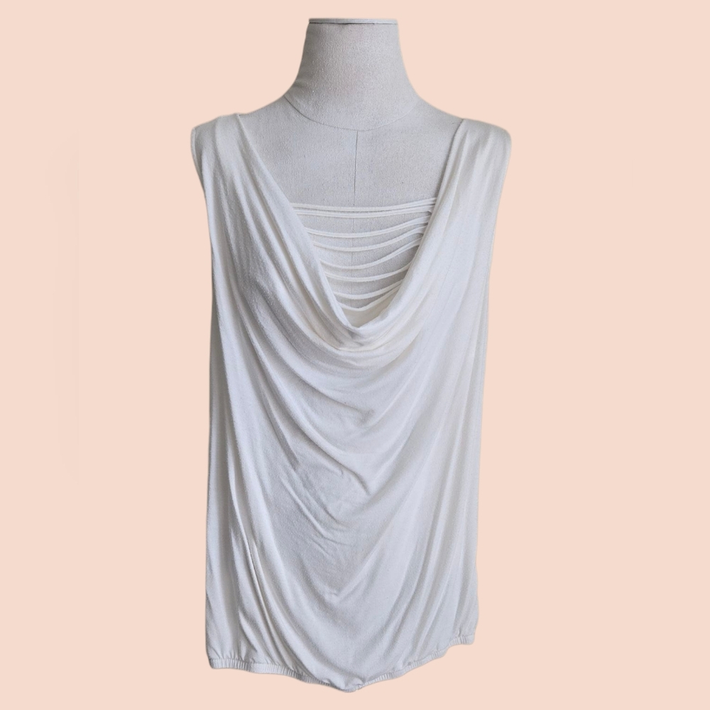 Democracy White Rayon Blend Cowl Neck Sleeveless Top Strappy Detail Women’s L